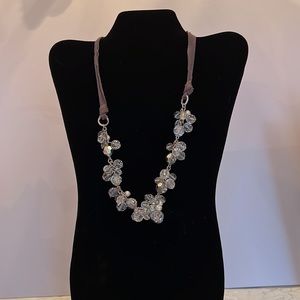 Faux Crystal,  Beaded and Pearl Statement Necklace on Grey Grosgrain Ribbon